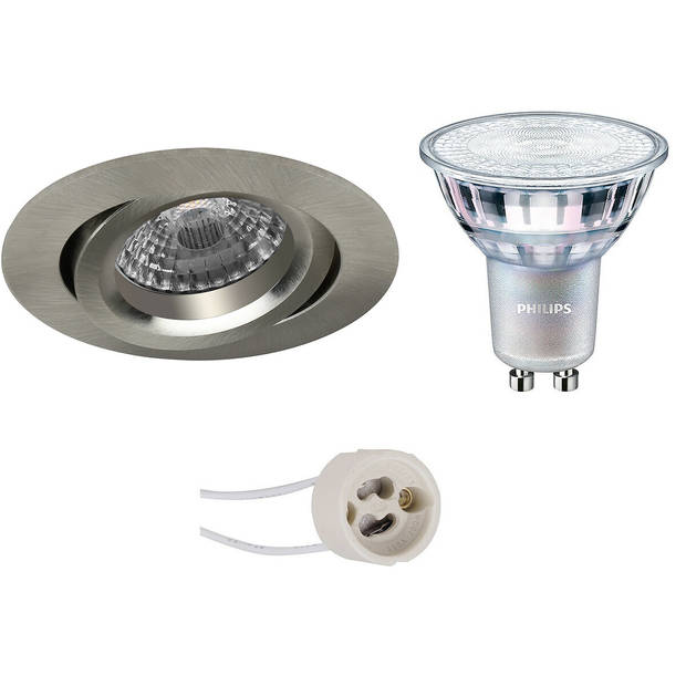 LED Spot Set - Pragmi Aerony Pro - GU10 Fitting - Inbouw Rond - Mat Nikkel - Kantelbaar - Ø82mm - Philips - MASTER 927