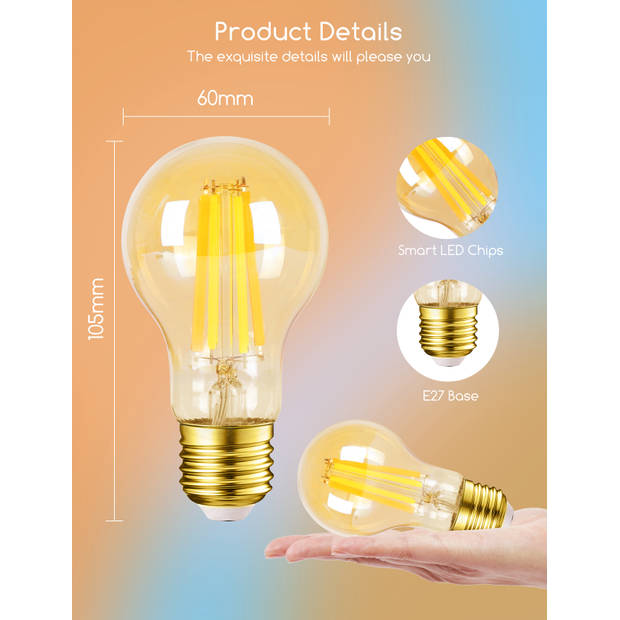 Aigostar Smart Filament lamp - A60 - E27 Fitting - Ø 60 mm - Slimme LED Lichtbron - Dimbaar - CCT - 2700K-6500K - 6W
