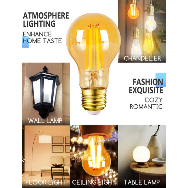 Aigostar Smart Filament lamp - A60 - E27 Fitting - Ø 60 mm - Slimme LED Lichtbron - Dimbaar - CCT - 2700K-6500K - 6W