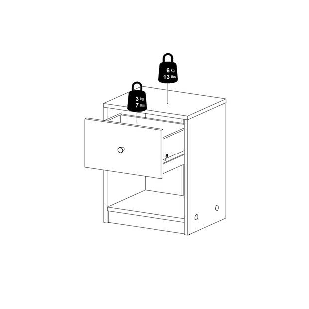 Maria nachtkastje met 1 lade en 1 plank, licht notenhout.