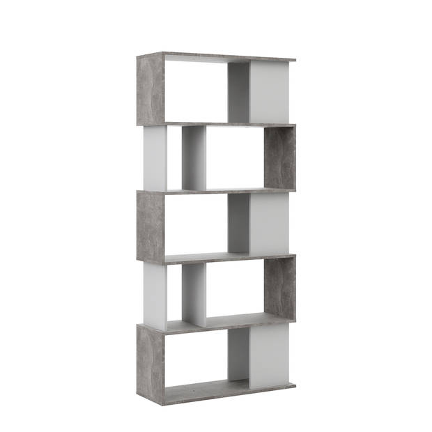 Magda wandkast boekenkast met 5 legplanken, betondecor/wit.