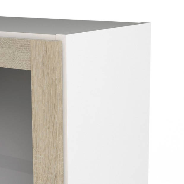 Base wandkast 1 glazen deur en 2 planken wit, eiken structuur decor.