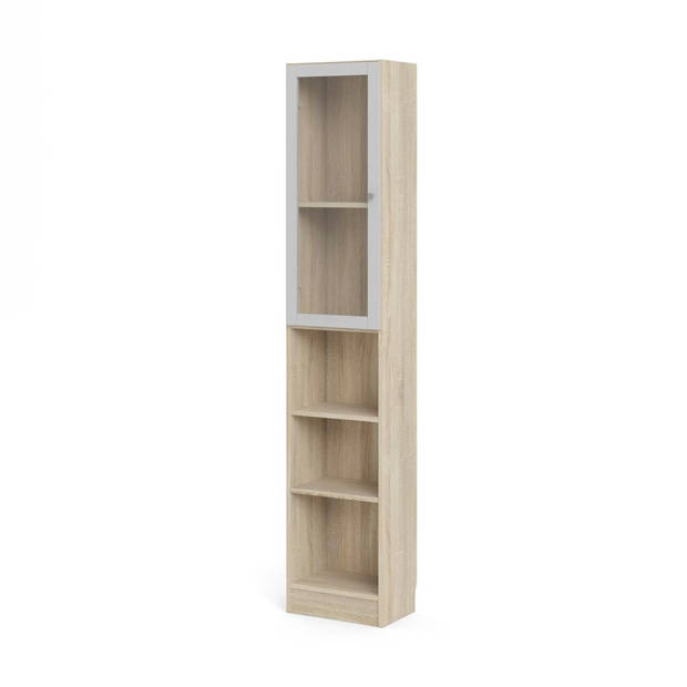 Base wandkast 1 glazen deur en 2 planken eiken structuur decor, wit.