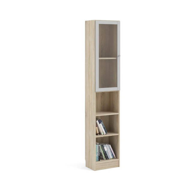 Base wandkast 1 glazen deur en 2 planken eiken structuur decor, wit.