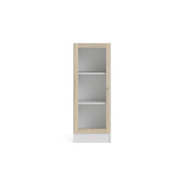 Base wandkast 1 glazen deur wit, eiken structuur decor.