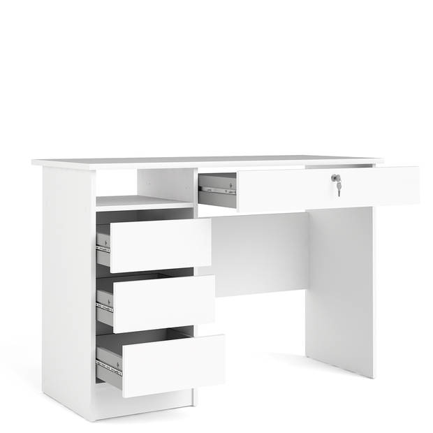 Plus bureau met 1 legplank, 3 kleine laden en 1 grote lade met sleutel, wit.