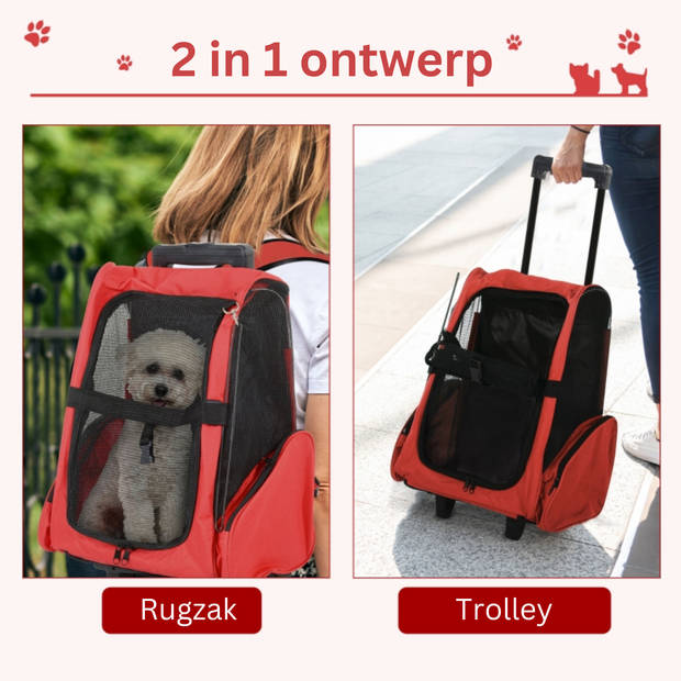 Draagbare Trolley - Hondentrolley - Honden Reismand - Honden Rugzak - Rood/Zwart - 36 x 30 x 49 cm