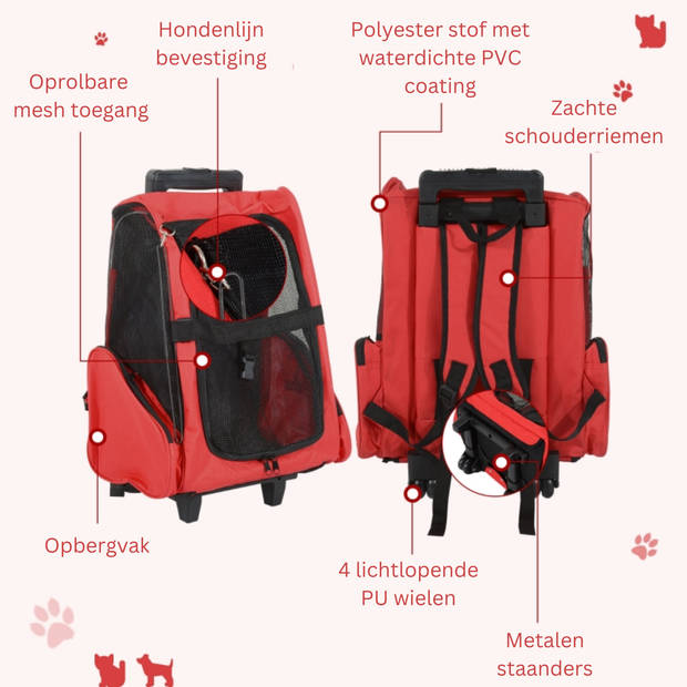 Draagbare Trolley - Hondentrolley - Honden Reismand - Honden Rugzak - Rood/Zwart - 36 x 30 x 49 cm