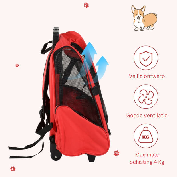 Draagbare Trolley - Hondentrolley - Honden Reismand - Honden Rugzak - Rood/Zwart - 36 x 30 x 49 cm