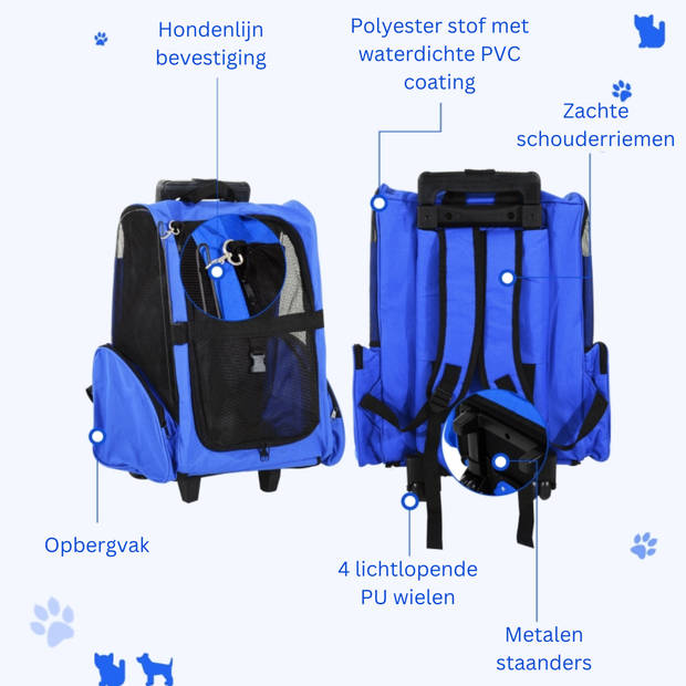 Draagbare Trolley - Hondentrolley - Honden Reismand - Honden Rugzak - Blauw/Zwart - 36 x 30 x 49 cm