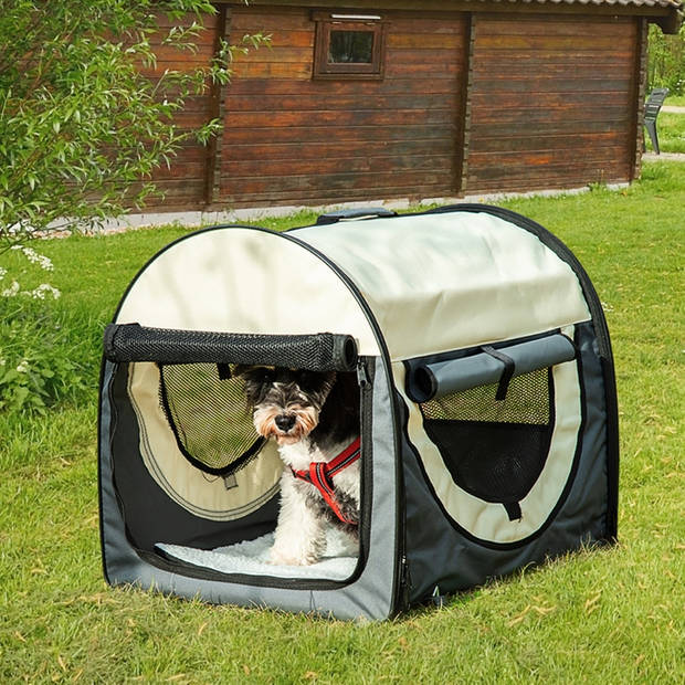 Honden Draagtas - Reisbench - Reismand Hond - Dieren Transport Box - Opvouwbaar - Maat M - 61x46x51 cm - Grijs Creme