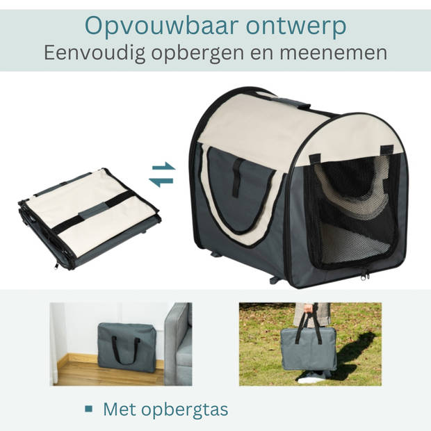 Honden Draagtas - Reisbench - Reismand Hond - Dieren Transport Box - Opvouwbaar - Maat M - 61x46x51 cm - Grijs Creme