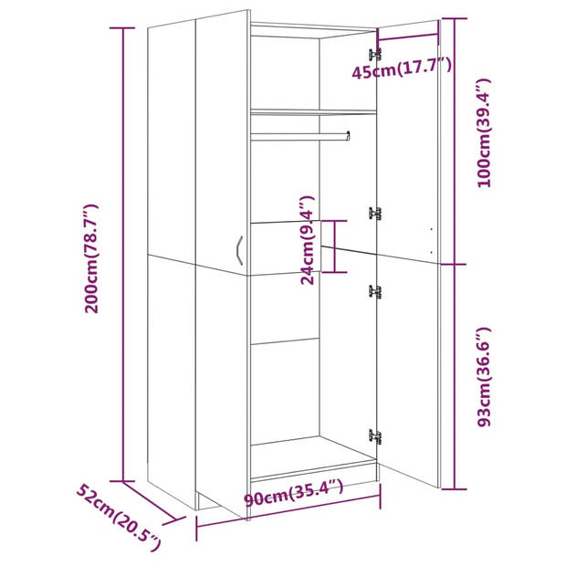 vidaXL Kledingkast 90x52x200 cm bewerkt hout gerookt eikenkleurig