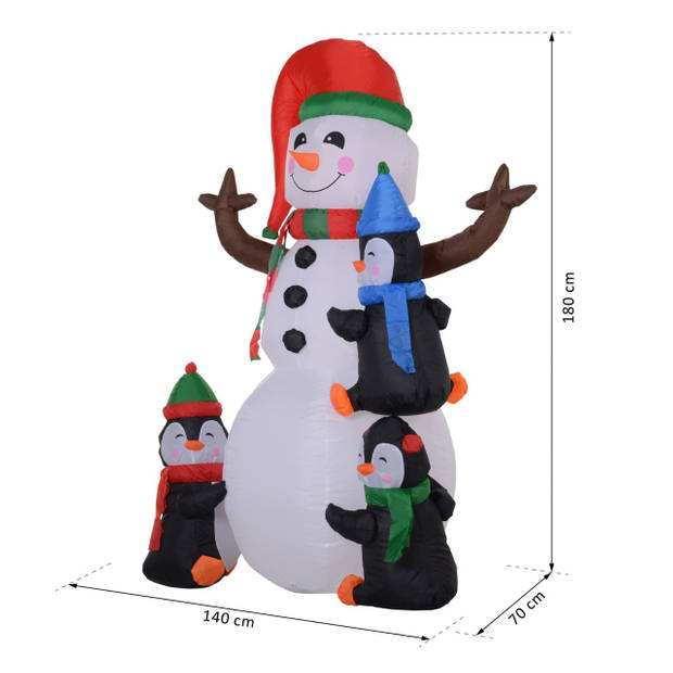 Opblaasbare LED sneeuwman met 3 pinguïns - Sneeuwpop - Kerstverlichting buiten - Kerstversiering - 140 x 70 x 180 cm