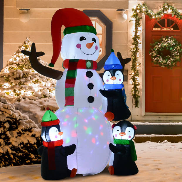 Opblaasbare LED sneeuwman met 3 pinguïns - Sneeuwpop - Kerstverlichting buiten - Kerstversiering - 140 x 70 x 180 cm