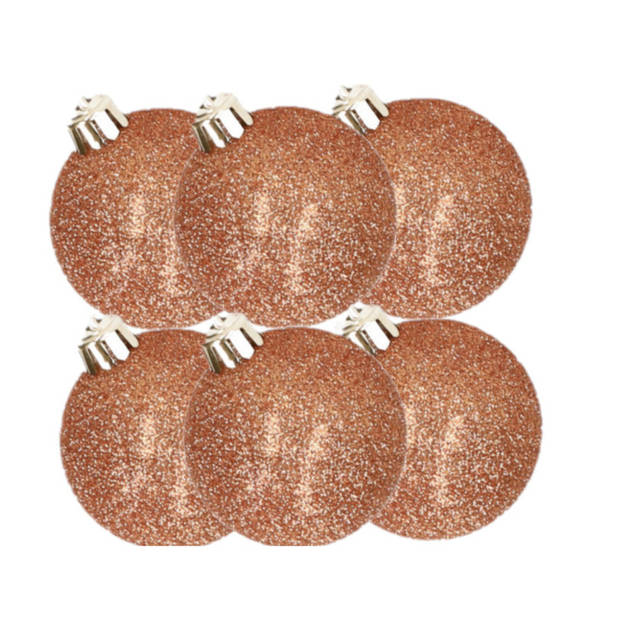 6x Koper gekleurde glitter kerstballen 6 cm kunststof - Kerstbal