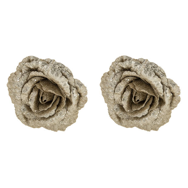 3x stuks decoratie bloemen roos champagne glitter op clip 18 cm - Kunstbloemen