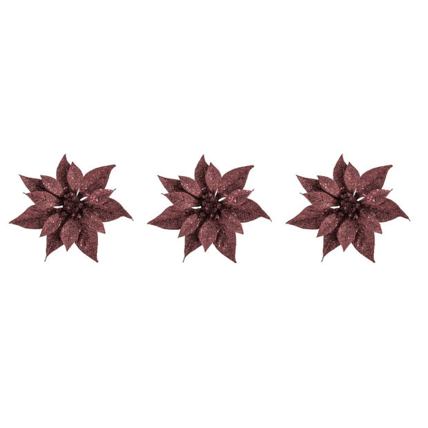 6x stuks decoratie bloemen kerstster donkerrood glitter op clip 18 cm - Kunstbloemen
