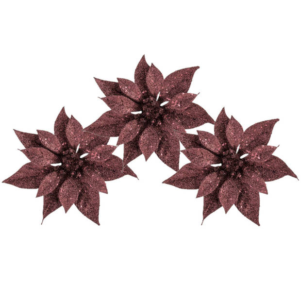 3x stuks decoratie bloemen kerstster donkerrood glitter op clip 18 cm - Kunstbloemen