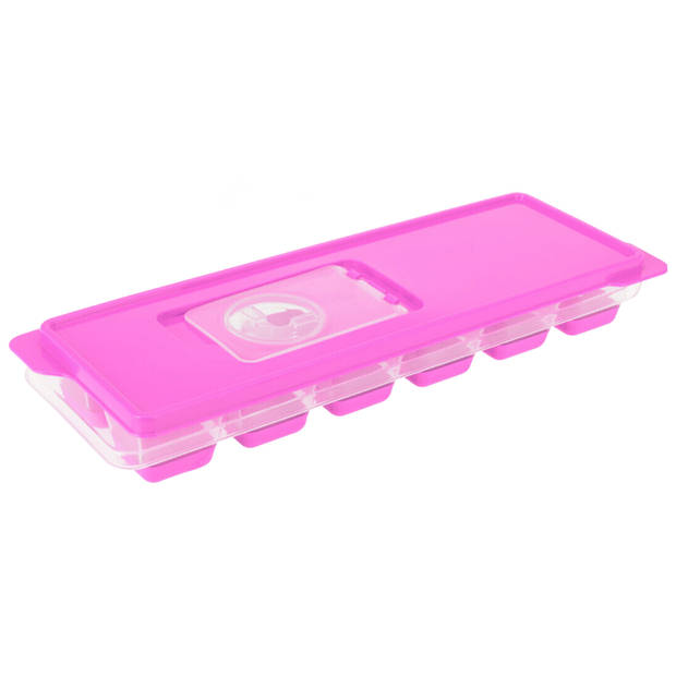 Set van 3x stuks trays met ijsklontjes/ijsblokjes vormpjes 12 vakjes kunststof roze met afsluitdekse - IJsblokjesvormen