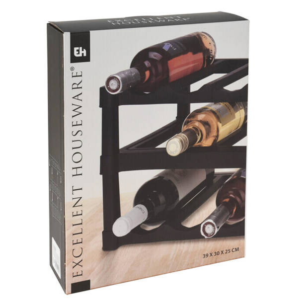 Excellent Houseware - Wijnrek/flessenrek - Zwart - Kunststof - 39 x 30 x 25 cm voor 12x flessen - Wijnrekken