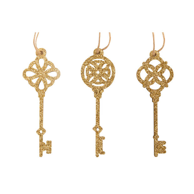 Cosy & Trendy Kersthangers - sleutels - 9 ST - goudkleurig - 10,5 cm - hout - kerstversiering - Kersthangers
