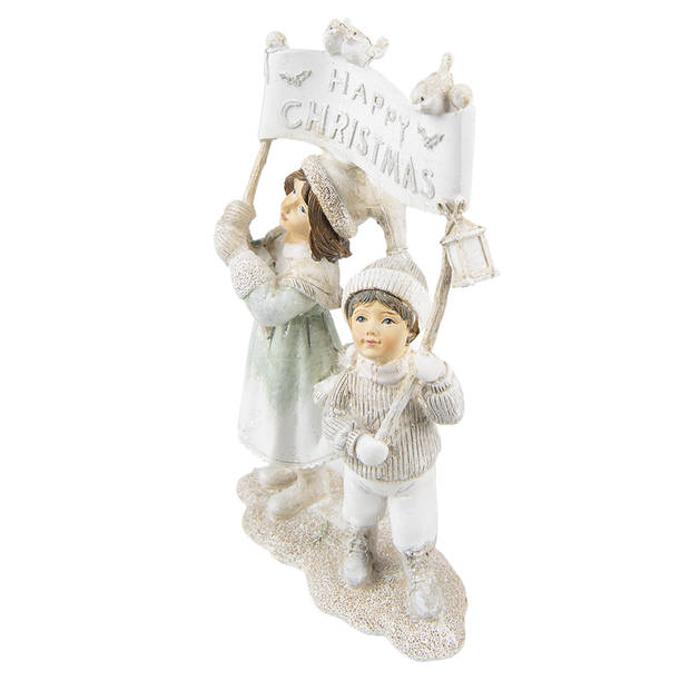 Clayre & Eef Beeld Kinderen 23 cm Beige Polyresin Happy Christmas Kerstdecoratie Beige Kerstdecoratie