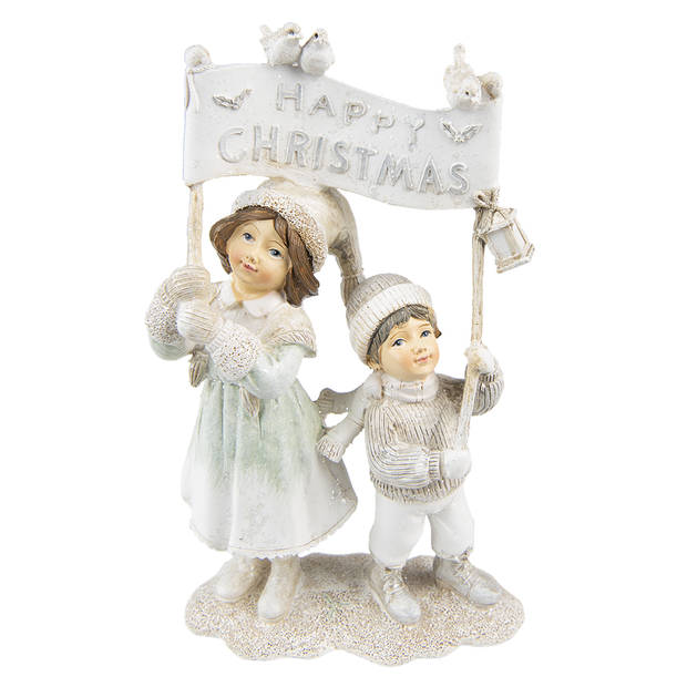 HAES DECO - Beeld Kinderen 23 cm Beige Kunststof Happy Christmas Kerstdecoratie Beeld decoratie Decoratieve Accessoires