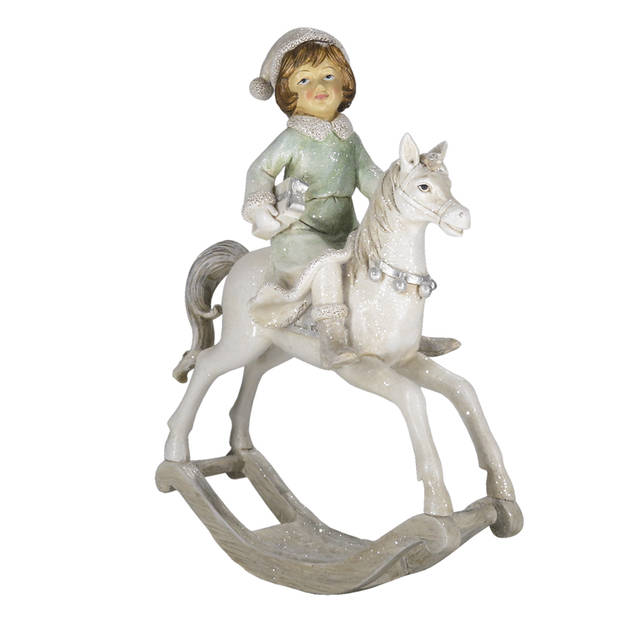 Clayre & Eef Beeld Hobbelpaard 26 cm Beige Groen Polyresin Kerstdecoratie Beige Kerstdecoratie