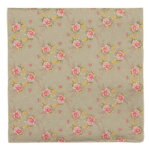 Clayre & Eef Servetten Papier Set van 20 33x33 cm (20) Groen Roze Papier Bloemen Servetten Papieren Groen Servetten