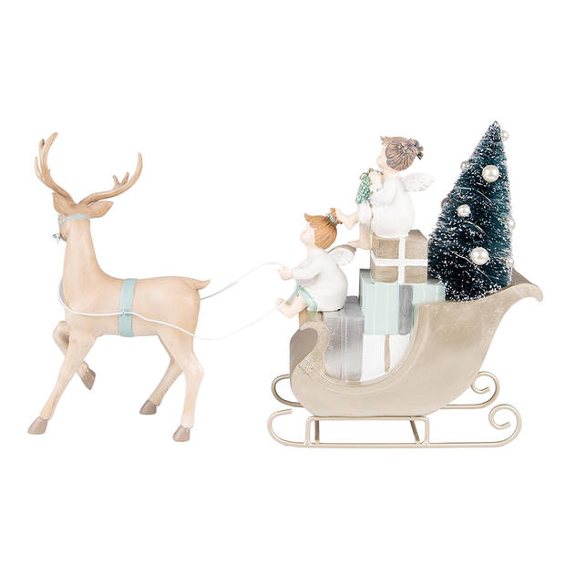 Clayre & Eef Beeld Hert 26 cm Beige Groen Polyresin Kerstdecoratie Beige Kerstdecoratie