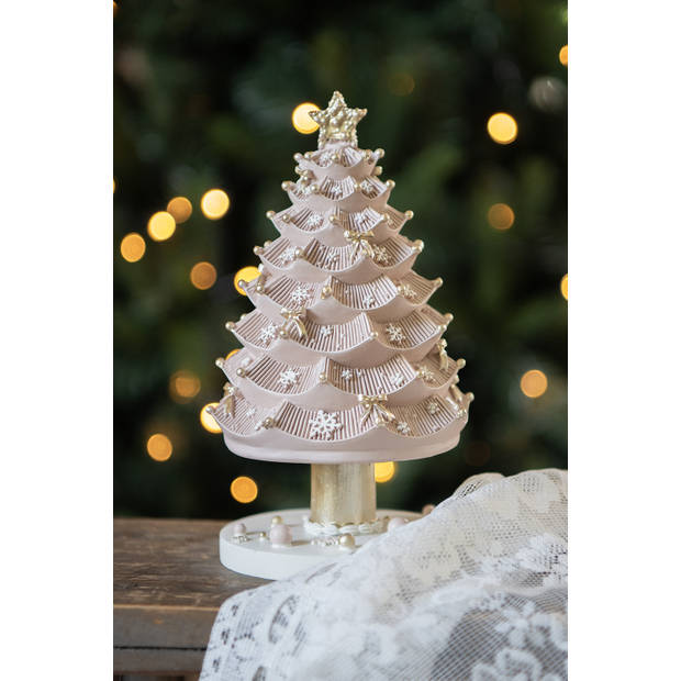 Clayre & Eef Muziekdoos Kerstboom 20 cm Roze Polyresin Kerstdecoratie Beeld Roze Kerstdecoratie Beeld