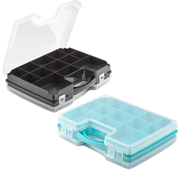 Forte Plastics - 2x Opberg vakjes doos/Sorteerbox - 21-vaks kunststof - 28 x 21 x 6 cm - zwart/blauw - Opbergbox