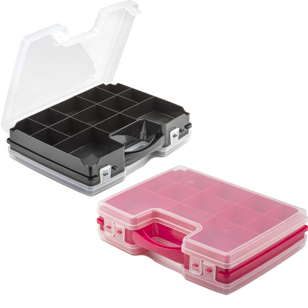 Forte Plastics - 2x Opberg vakjes doos/Sorteerbox - 21-vaks kunststof - 28 x 21 x 6 cm - zwart/roze - Opbergbox