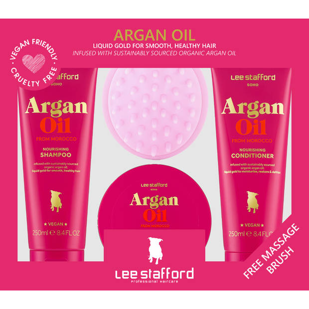 Lee Stafford ArganOil Set - Shampoo, Conditioner & Haarmasker - Voor Droog & Beschadigd Haar - met Massageborstel