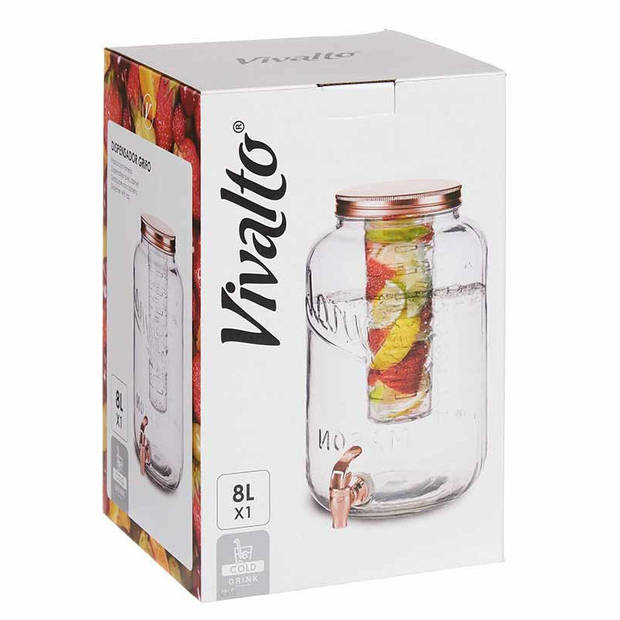 Glazen drankdispenser/limonadetap met koper kleur dop/tap 8 liter - Drankdispensers