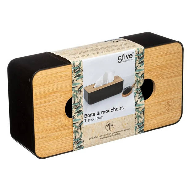 Tissuedoos/tissue box zwart kunststof met bamboe deksel 26 x 13 cm - Tissuehouders