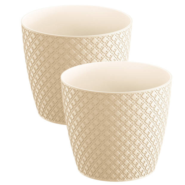 2x stuks orient stijl plantenpot/bloempot kunststof dia 26 cm en hoogte 23 cm creme wit - Plantenpotten