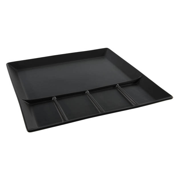 4x stuks mat zwart fondue/gourmet bord 5-vaks vierkant aardewerk 24 cm - Gourmetborden