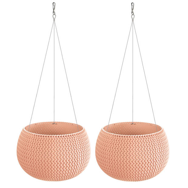 Set van 2x stuks plantenpotten/bloempotten hangend kunststof dia 24 cm zalm roze met metalen haak - Plantenpotten