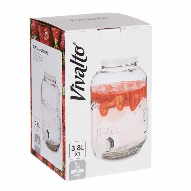 Glazen drankdispenser/limonadetap met witte kleur dop/tap 3.8 liter - Drankdispensers