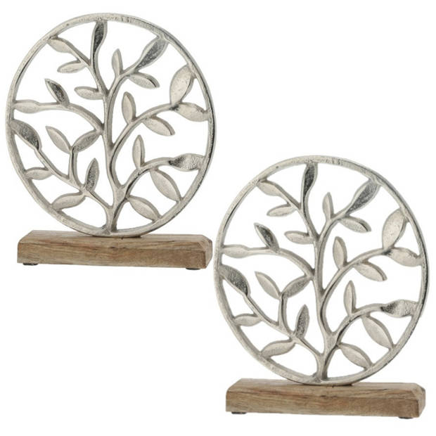 2x Stuks decoratie levensboom rond van aluminium op houten voet 25 cm zilver - Beeldjes