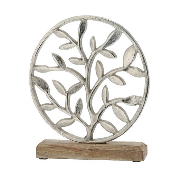 2x Stuks decoratie levensboom rond van aluminium op houten voet 25 cm zilver - Beeldjes