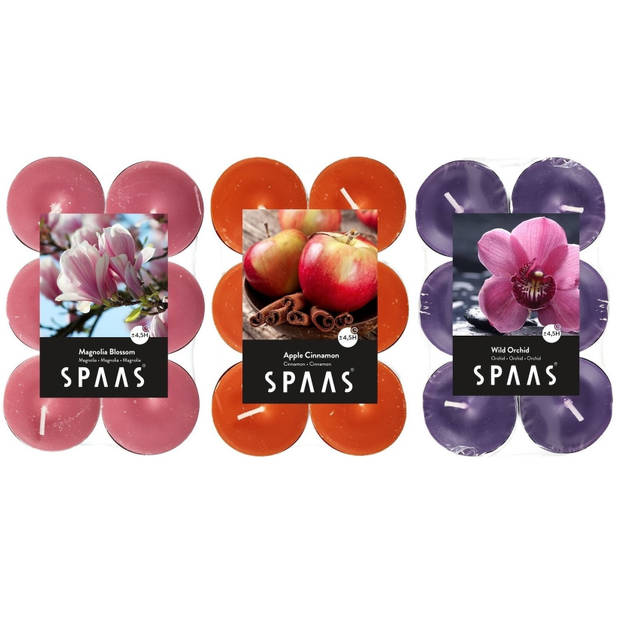 Candles by Spaas geurkaarsen - 36x stuks in 3 geuren - Maxi theelichtjes van 4.5 branduren - geurkaarsen