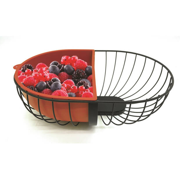 Fruitschaal/fruitmand metaal met inzetbakje zwart/rood 30 x 20 cm - Fruitschalen