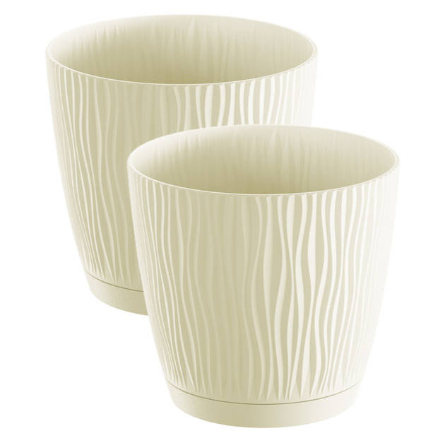 2x stuks stijlvolle kunststof plantenpot/bloempot dia 28 cm/hoogte 26 cm Waves creme wit - Plantenpotten