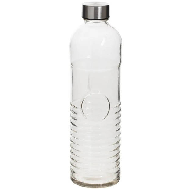 Waterflessen/drinkflessen - 2x - D8 x H29 cm - 1 liter - ribbel glas - Drinkflessen