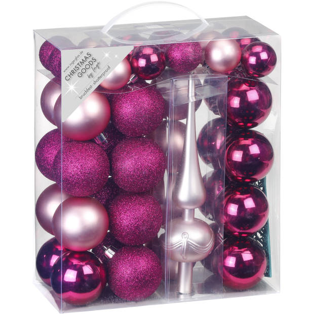 47x stuks kunststof kerstballen fuchsia roze en lichtroze 4-6 cm mat/glans met piek - Kerstbal
