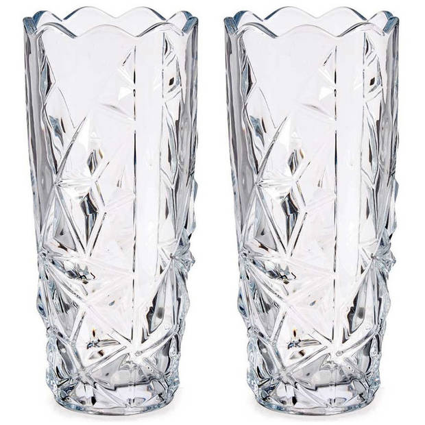 Set van 2x stuks bloemenvazen diamant relief 8 x 19,5 cm van glas - Vazen