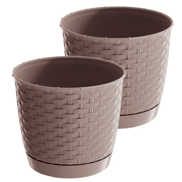 2x stuks ronde gevlochten plantenpotten/bloempotten kunststof dia 16.5 cm en hoogte 14 cm taupe - Plantenpotten